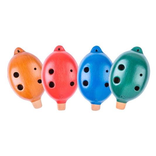 Das 4er Spar-Set der Plaschke Pendant Okarina: Alle vier Farben (Rot, Blau, Braun, Grün) auf weißem Hintergrund