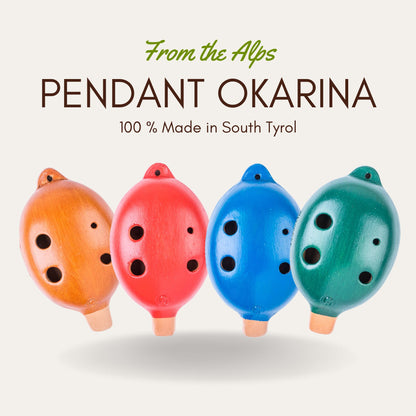 Das Plaschke Pendant Okarina Set: Alle vier Farben (Rot, Blau, Braun, Grün) der handgefertigten Tonflöten aus Südtirol