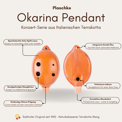 Infografik zur Plaschke Pendant Okarina: Details zur 4-Loch-Technik, Terrakotta-Material und präziser Stimmung