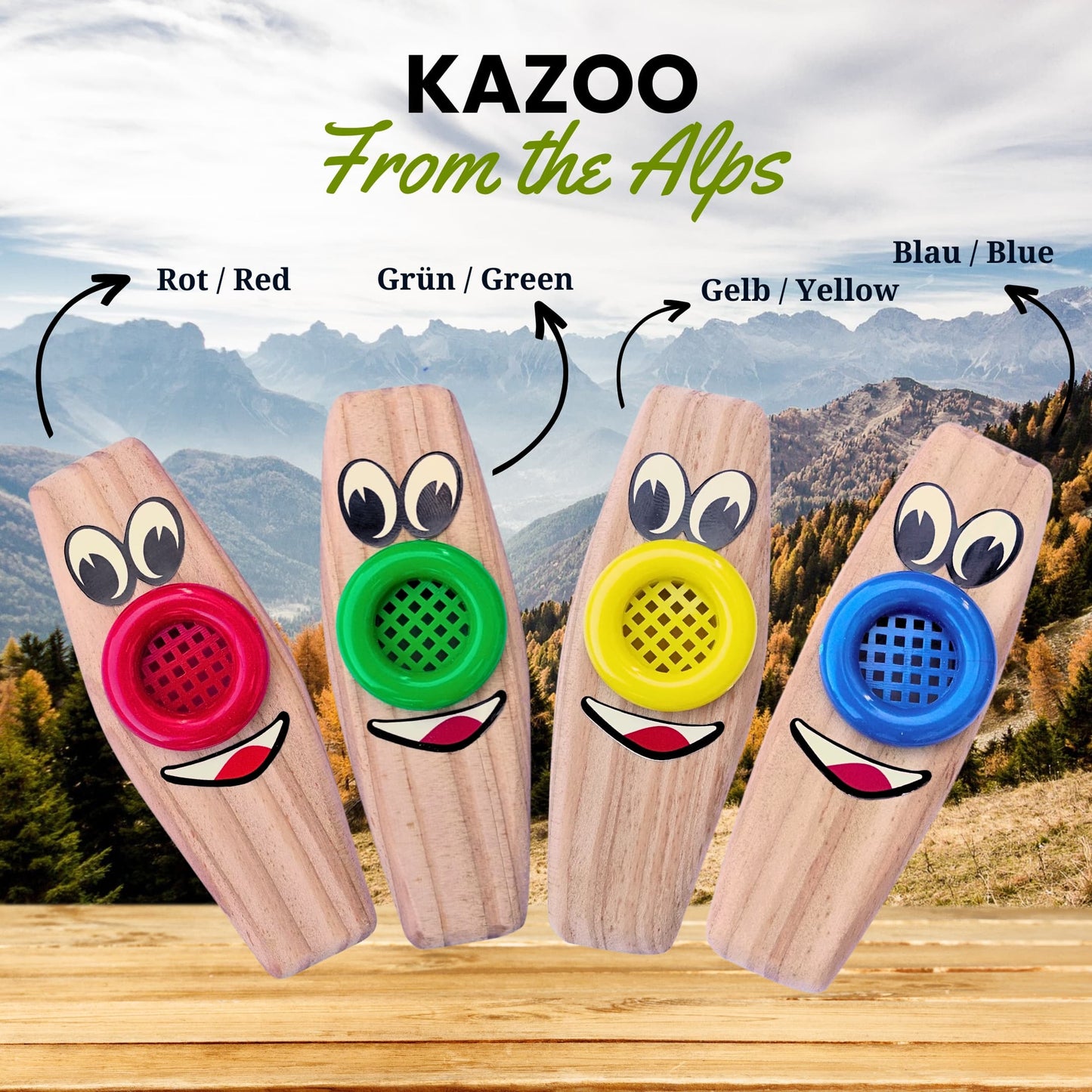 Übersicht der vier Kazoo-Farben mit Highlights: 100% Naturholz, speichelecht und handgefertigt in Südtirol